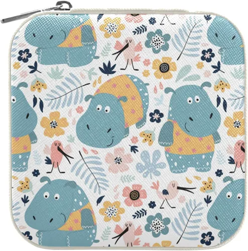 Miniatura 7 de ZZKKO Joyero pequeño con diseño floral de hipopótamo, joyero de viaje, organizador de viaje de cuero, mini cajas de almacenamiento portátiles
