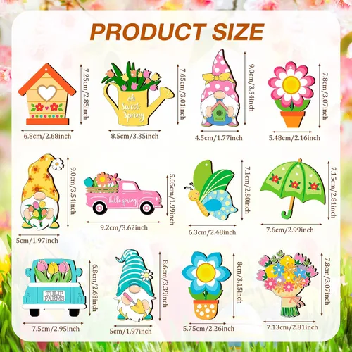 Miniatura 3 de Ferraycle 36 adornos de flores de primavera, adornos florales para árbol de Pascua, tulipanes de madera para colgar, decoraciones de gnomos
