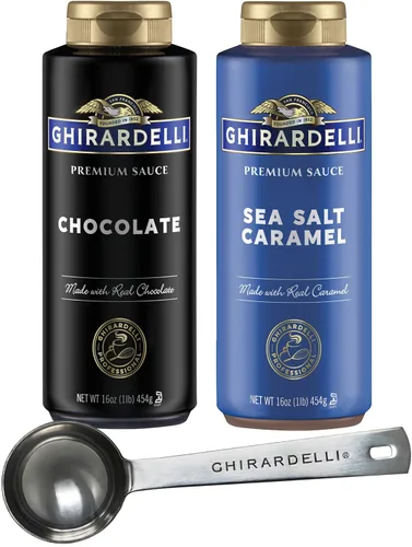 Miniatura 14 de Ghirardelli Salsa de caramelo, botella exprimible de 16 onzas (paquete de 2) con cuchara de barista estampada Ghirardelli