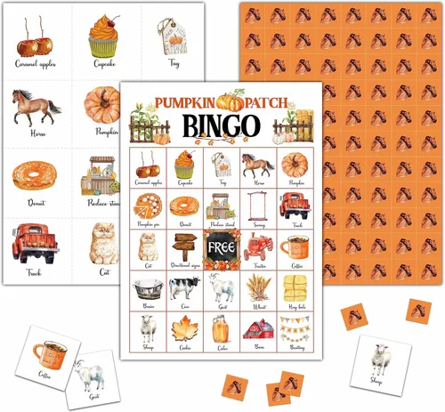 Juego de bingo de calabaza - Tarjeta de bingo de cosecha de otoño - Juego de bingo para 24 jugadores, actividades en interiores y exteriores,
