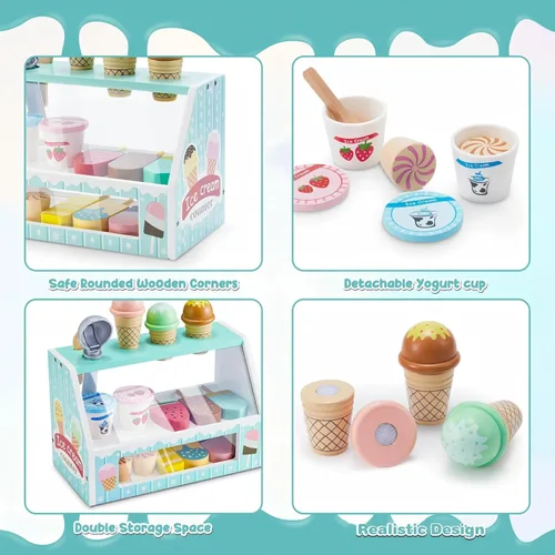 Miniatura 4 de WHOHOLL Juego de simulación de helado de madera para niñas, juguete de tienda de juego con alimentos de juguete y accesorios de cocina de simulación