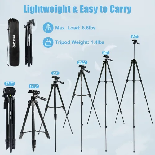 Miniatura 6 de Endurax Trípode de cámara de 60 pulgadas para Canon Rebel Eos Nikon DSLR, trípodes de viaje para tableta de teléfono con control remoto, color negro