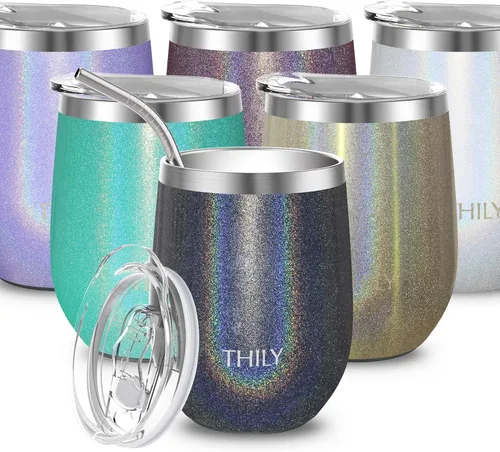 Miniatura 11 de THILY T2 Vaso de vino de acero inoxidable aislado – Juego de copas de vino sin tallo con triple aislamiento de viaje con tapa hermética y popote