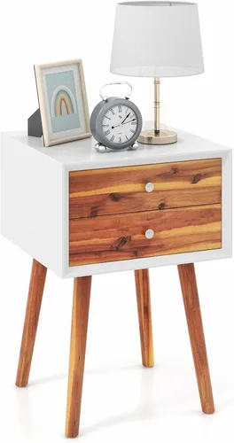 Miniatura 14 de GOFLAME Mesita de noche con 2 cajones, pequeña mesa auxiliar de madera, moderna de mediados de siglo con almacenamiento, mesa auxiliar compacta