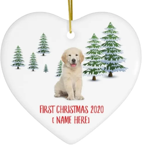 Nombre personalizado Año Golden Retriever Puppy Cream First 2026 Adornos de árbol de Navidad Regalos Decoraciones Paisaje de Invierno Corazón
