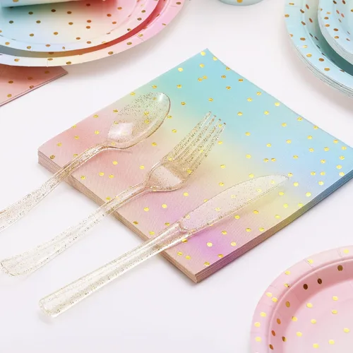 Miniatura 5 de Suministros de fiesta pastel arco iris pastel platos de papel para fiestas, vasos, servilletas, juego de vajilla para decoraciones de fiesta pastel