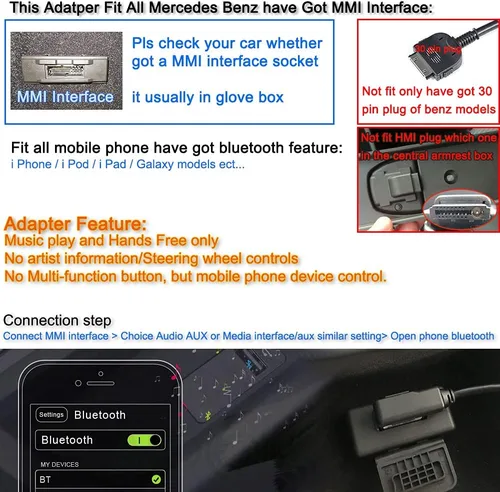 Miniatura 2 de Adaptador Bluetooth compatible con Mercedes Benz Car Apple Android Phone Music MMI Interfaz Cable inalámbrico Dispositivos con capacidad