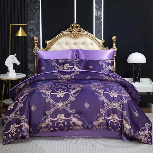 Juego de edredón morado tamaño Queen, juego de sábanas de satén jacquard de 8 piezas bordado neoclásico floral elegante cama decoración del hogar,