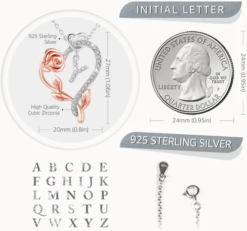 Miniatura 3 de SNZM Initial Necklaces for Women-925 Sterling Silver Rose Heart Letter Pendant Necklace with 5A Cubic Zirconia Dainty Jewelry Birthday Valentines