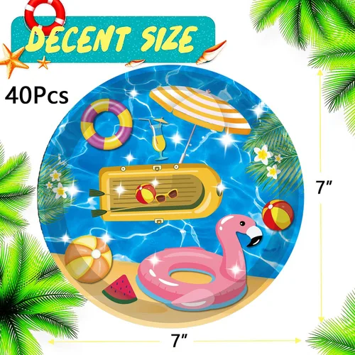 Miniatura 2 de 40 piezas de suministros para fiesta de playa, pelota de playa, piscina, platos de fiesta de verano de 7 pulgadas, platos de papel para piscina