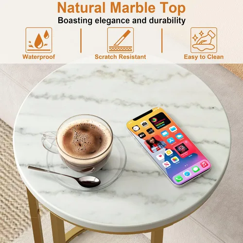 Miniatura 5 de Function Home Mesa auxiliar de mesa C, mesa auxiliar de sofá en forma de C de mármol, mesas de sofá que se deslizan por debajo, mesa decorativa
