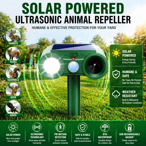 Miniatura 4 de Paquete de 2 repelentes solares de animales al aire libre, repelente de gatos recargable por USB, dispositivos repelentes de ciervos para exteriores
