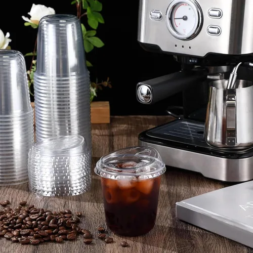 Miniatura 2 de Baderke 100 Vasos de Plástico con Tapas para Sorber Fondo Redondo Vasos de Café de Plástico Desechables con Tapas Tazas de Cristal Transparentes sin