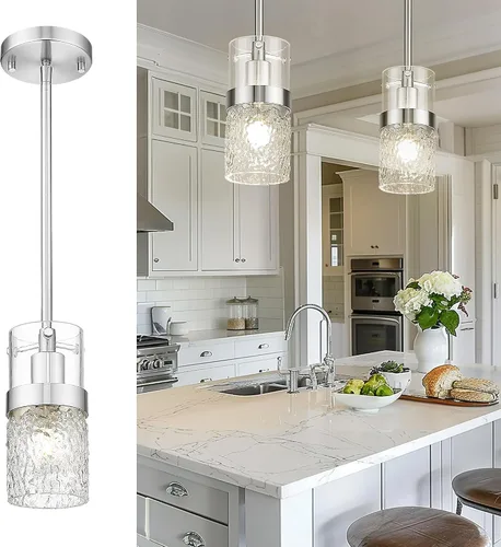 Miniatura 14 de LMS Paquete de 2 Luces Colgantes Modernas, Luz Colgante Dorada Cepillada para Isla de Cocina con Vidrio Martillado, Lámparas Colgantes Ajustables