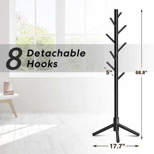 Miniatura 4 de Perchero, Percheros independientes con 8 ganchos, 3 alturas ajustables para ropa, sombreros, bolsos, árbol perchero de fácil montaje para entrada