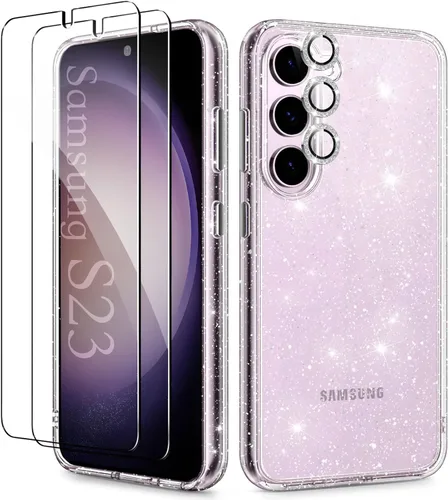 KIOMY Funda transparente con purpurina para Samsung Galaxy S23 5G con protector de lente de cámara Diamond Sparkle y 2 paquetes de protectores de