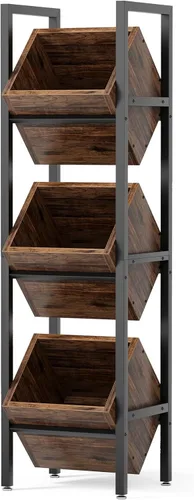 LITTLE TREE Soporte de Cesta de 3 Niveles, Unidad de Estantería de Pie de Madera, Organizador de Almacenamiento Rústico de Pie para Cocina, Baño,