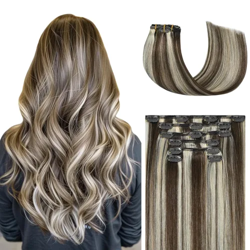 Miniatura 12 de Honsoo Extensiones de cabello humano real de color marrón con pinzas, marrón castaño, 15 pulgadas, 70 g, 7 unidades, cabello lacio sedoso y marrón