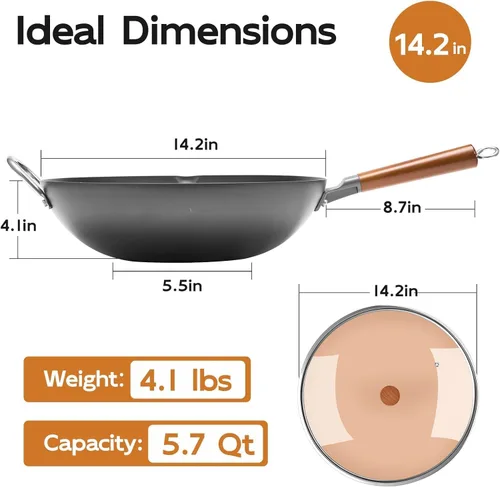Miniatura 5 de WANGYUANJI Wok de Hierro, Woks de 14.2 Pulgadas para Saltear, Sartén China sin Recubrimiento, Olla de Hierro Tradicional de Fondo Plano