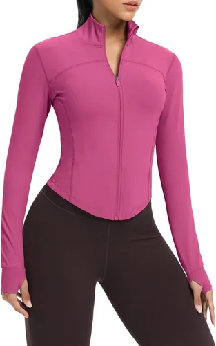 Miniatura 55 de AVGO Chaquetas de entrenamiento recortadas para mujer, con cremallera, ajustadas, atléticas, con agujeros para el pulgar