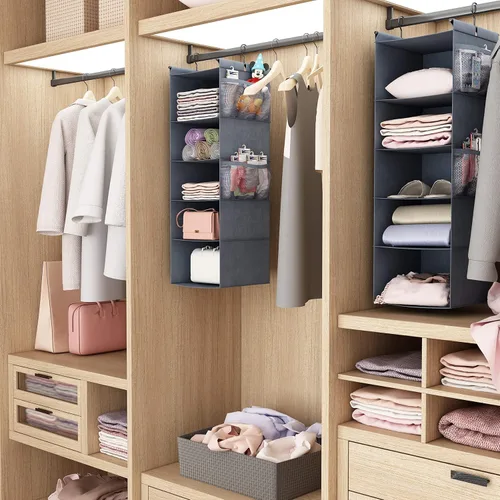 Miniatura 6 de MAX Houser Organizador de armario colgante de 5 estantes, ahorro de espacio, estantes colgantes de tela con 4 bolsillos laterales, plegable, gris