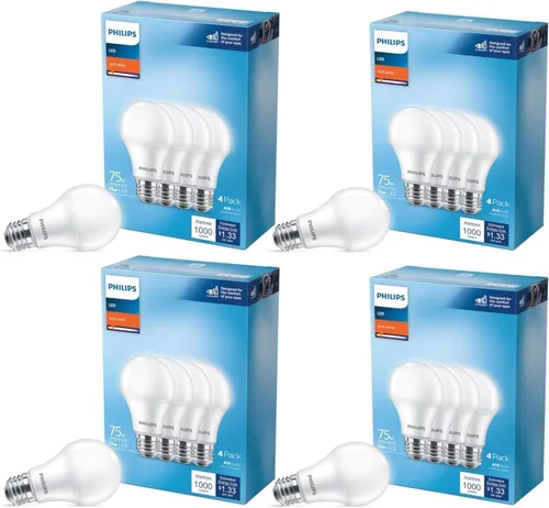 Philips - Bombilla LED A19 equivalente a 75 vatios, no regulable, E26, luz blanca suave (2700 K), paquete de 16 unidades