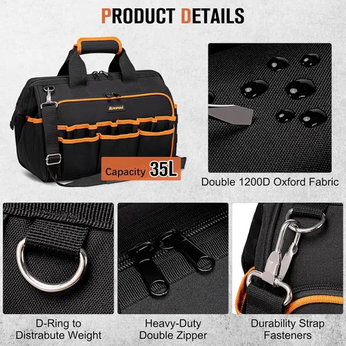 Miniatura 3 de Bolsa de herramientas de 17 pulgadas para electricistas para hombres, bolsa de herramientas resistente de 46 bolsillos, bolsa de herramientas HVAC