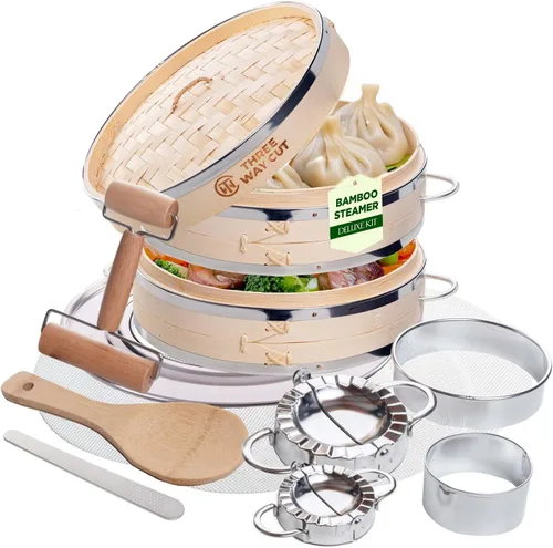 Miniatura 8 de Dumpling - Vaporera de Bambú de 10 Pulgadas, Canasta de Madera de 2 Niveles con Mango, Adaptador de Anillo, Forro de Silicona Reutilizable, Kit