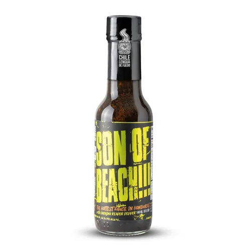Chile Lengua de Fuego ¡Son of Beach! Salsa picante – 1 botella – Carolina Reaper, ajo ahumado y Scotch Bonnet – calor extremo, lote pequeño, salsa