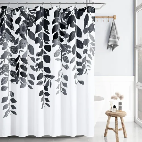 Miniatura 5 de BOODII Cortina de ducha extra larga negra para baño, cortinas de ducha botánicas de eucalipto floral, juego natural de acuarela floral con hojas