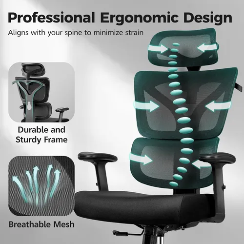 Miniatura 6 de Silla de Oficina Ergonómica de Respaldo Alto Silla de Escritorio con Soporte Lumbar, Silla de Computadora de Malla Transpirable con Reposabrazos