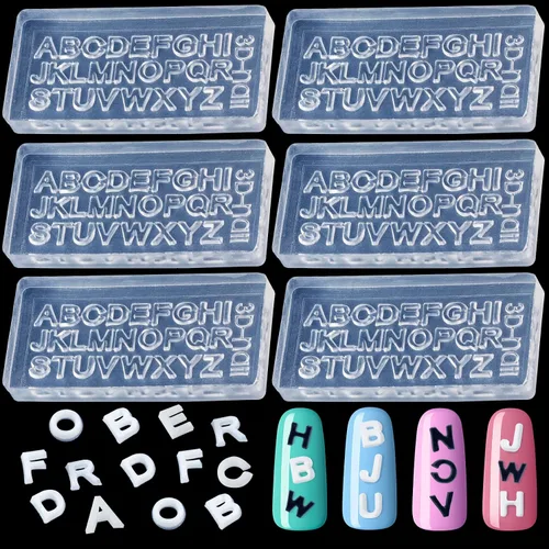 6 juegos de moldes de silicona con letras 3D, moldes de resina transparente del alfabeto, 26 alfabetos A-Z para dijes de arte de uñas, colgantes,