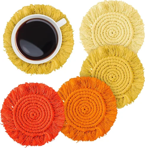 Miniatura 10 de Whaline Juego de 4 posavasos de macramé bohemios tejidos hechos a mano para bebidas, tapete bohemio con borla para tipos de tazas y tazas, café