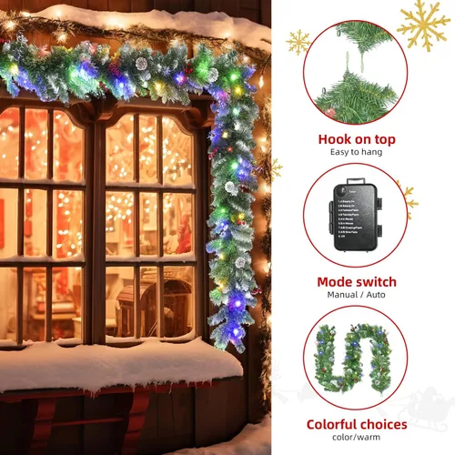 Miniatura 5 de Guirnalda de Navidad de 9 pies con luces - Guirnalda de Navidad iluminada con 50 luces LED alimentadas por batería, 8 modos de iluminación