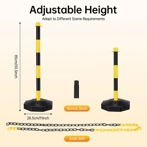 Miniatura 3 de 6 piezas de conos de tráfico con base rellenable de polietileno amarillo, poste de estacionamiento portátil con cadenas de 6.6 pulgadas, conos