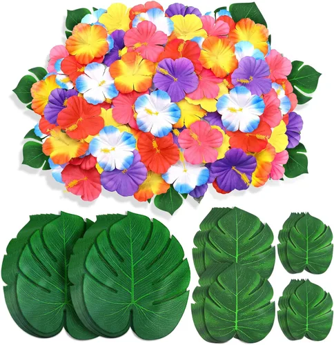 Miniatura 11 de 126 piezas de suministros para decoraciones de fiesta Luau, hojas de palma tropicales, flores de hibisco, hojas artificiales simuladas para fiestas