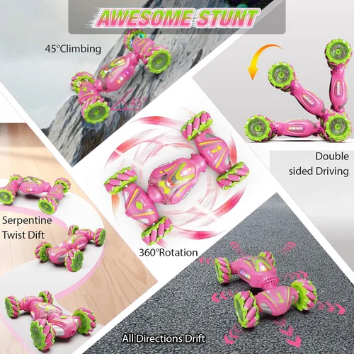 Miniatura 3 de Nicella Coche de control remoto, autos RC rosas para niñas, acrobacias de gestos con luz y música, 4 WD, rotación de 360°, juguetes de auto
