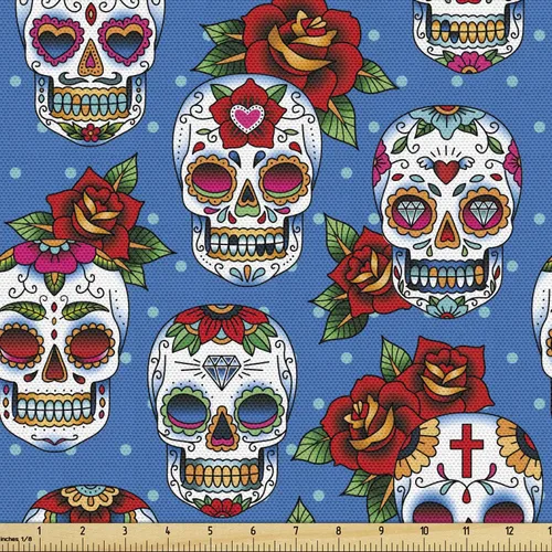 Miniatura 78 de Ambesonne The Yard, tela de calavera colorida con temática de Halloween, diseño de calavera y huesos cruzados, divertido estampado de dibujos