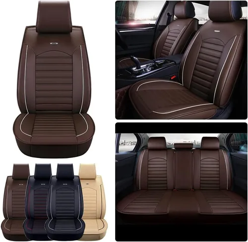 Miniatura 7 de otoez Juego completo de fundas de asiento de automóvil, fundas de asiento de piel sintética de 5 asientos para automóviles, impermeables, Marrón