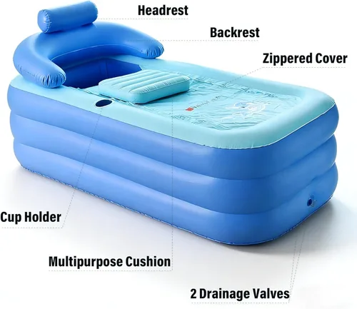 Miniatura 4 de Bañera inflable para adultos de 63 pulgadas y 5.2 pies con bomba de aire eléctrica, bañera de hidromasaje portátil independiente plegable para baño