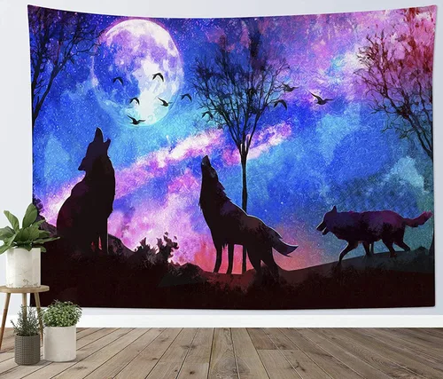 Miniatura 11 de HVEST Tapiz de lobo púrpura azul psicodélico cielo estrellado tapices luna y montañas paisaje natural para colgar en la pared para dormitorio, sala