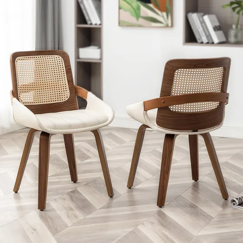 Miniatura 12 de Sillas de comedor de caña – Sillas de comedor modernas de mediados de siglo con marco de madera curvada de nogal, respaldo ergonómico de ratán