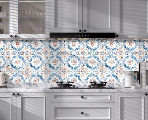 Miniatura 2 de HAOKHOME Papel tapiz geométrico para despegar y pegar, diseño de damasco floral azul/blanco/rojo, papel de pared extraíble, decoración moderna