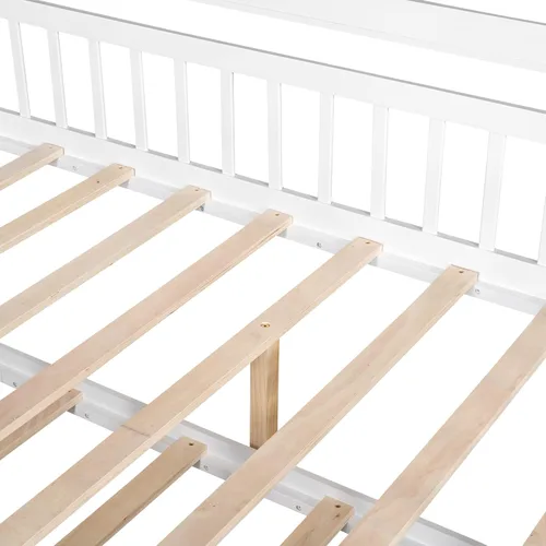 Miniatura 9 de MERITLINE Cama de casa de tamaño matrimonial con nido y estantes de almacenamiento para niños, marco de cama Montessori con rieles de valla y techo