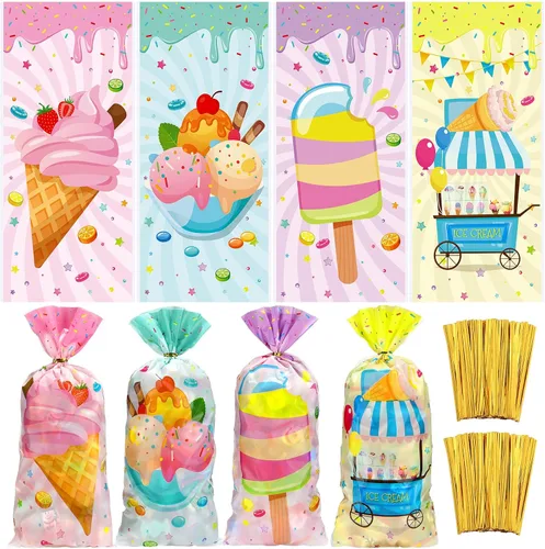 Eaasty 120 bolsas de helado para fiesta, 5 x 11 pulgadas, cuatro bolsas de dulces con lazos giratorios, envoltura de celofán para fiestas temáticas
