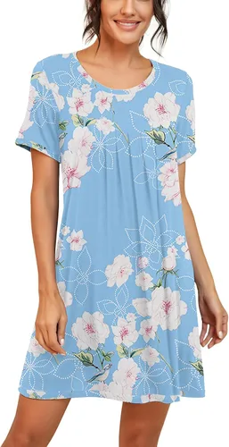 Miniatura 3 de PrinStory - Camisón de manga corta para mujer con plisado y cuello redondo
