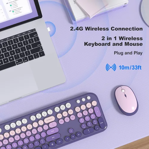 Miniatura 71 de KNOWSQT Combo de teclado y ratón inalámbrico, teclados lindos de tamaño completo estilo máquina de escribir 2.4G azul colorido - receptor USB Plug