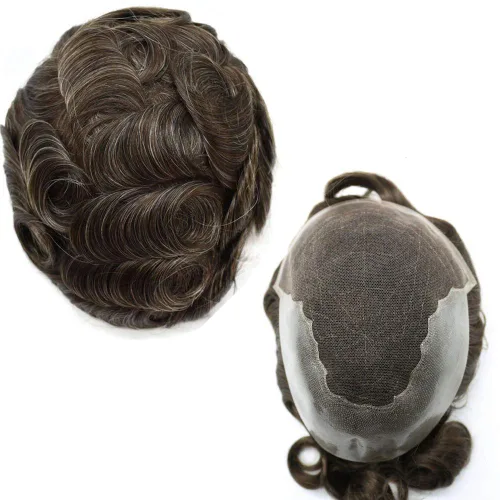 Miniatura 62 de Peluca de repuesto de cabello natural de poliuretano con encaje frontal para hombre (7x9 pulgadas, densidad de luz, 1B40# negro natural con 40% gris)