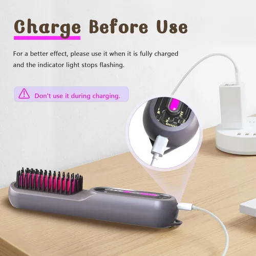 Miniatura 3 de Cepillo alisador de pelo, cepillo portátil para mujeres, mini peine alisador para el cuidado del cabello de viaje, 9600 mAh recargable, peine