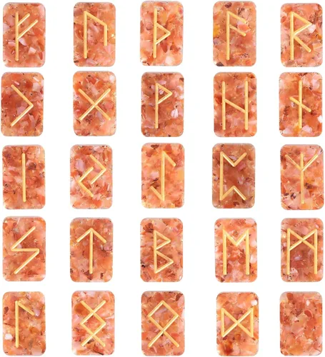 Miniatura 7 de mookaitedecor Juego de 25 piedras de runa de cristal de jaspe rojo, grabadas Golden Elder Futhark con símbolo del alfabeto, runas para adivinación